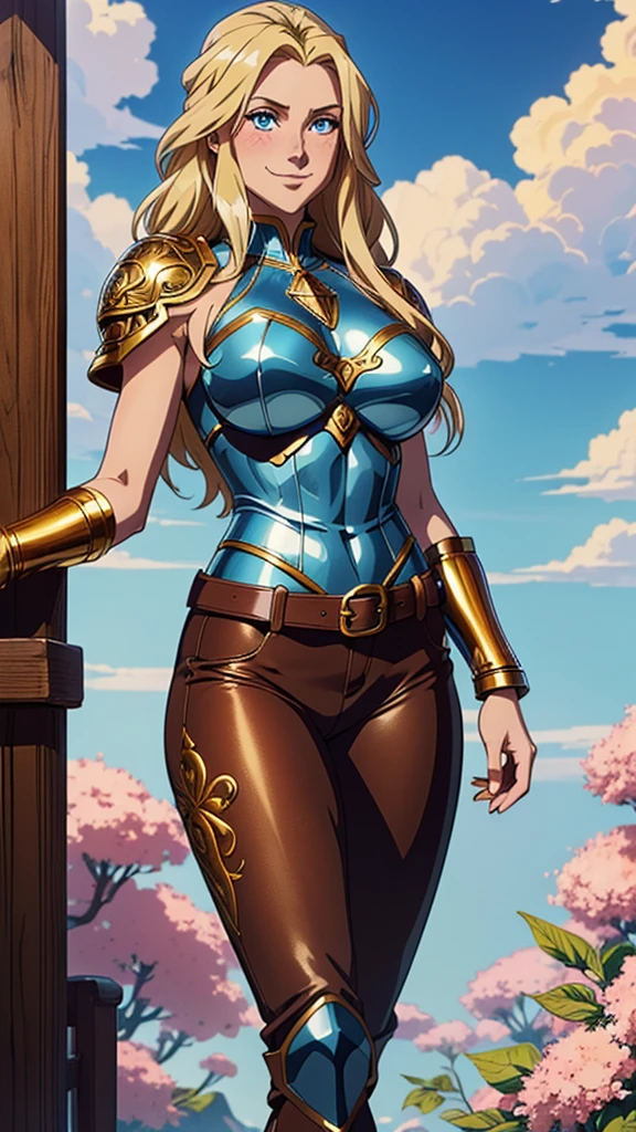 (8k, raw photo, Best Quality, maestro:1.2), (anime-anime photo:1.37), ultra detailed, 1 girl, beautiful, alone, Beautiful detailed blue sky with fluffy clouds, (blush), (whole body: 1.1), (smile: 1.1), (shut up), big breasts, beautiful and delicate blue eyes, (Blue fitted armor with intricate engravings of leaves and flowers : 1.1), Golden metal pieces covering her shoulders and arms, Dark brown leather belt with metal buckles, tight leather pants, Brown leather boots, A cross adorns his chest, (long blonde hair: 1.2), flowing hair, high contrast, Proporciones de whole body, (astride, stretch the legs, thin legs), Chest closeup, full color