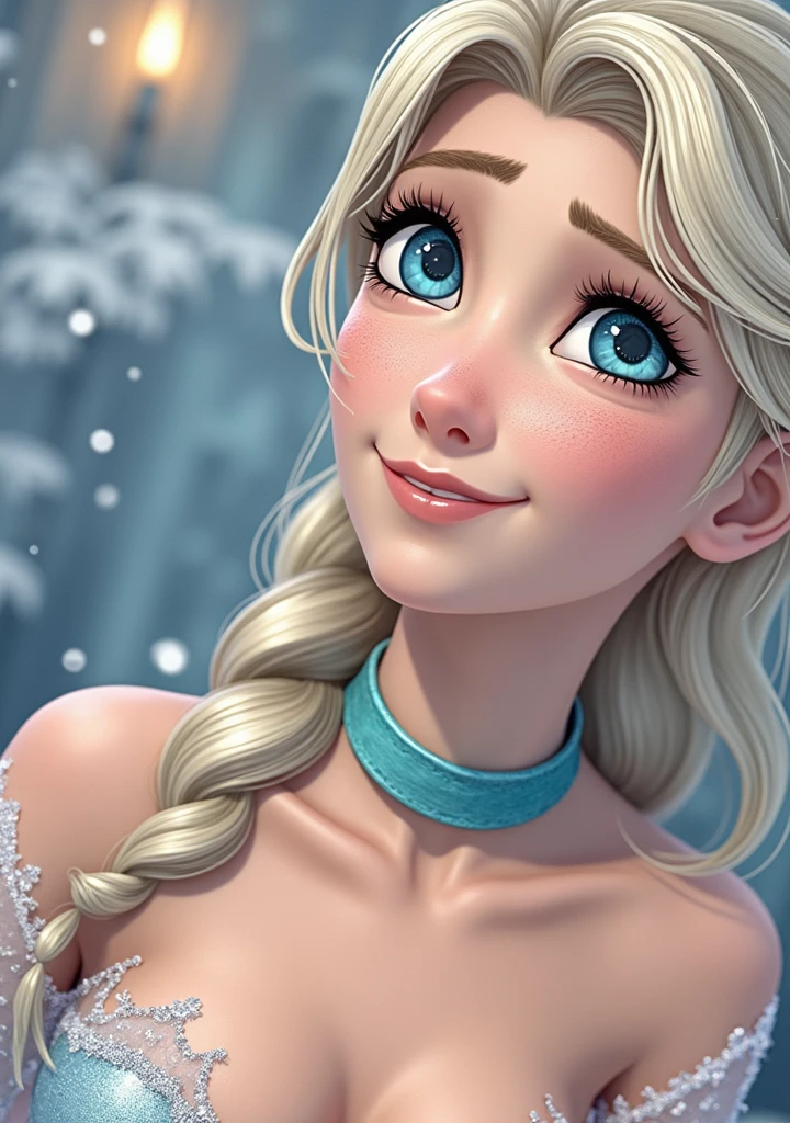 Elsa, (perky breasts), (((small breasts))), smirk:1.2, beautiful blue eyes, (perfect iris’s), depth of colour to her eyes, blonde hair, long hair, braid, full lips, blush, naked, she is showing her vagina, depth of field, bokeh, (special attention to skin detail: 1.2), masterpiece, best quality, ultra-detailed, ultra-HD, photorealistic, cinematic, ((mid camera shot)), sensual pose, alluring, nipples:1.4, looking up at camera, closeup on her face, her cheeks are blushed, 2, she is on her knees, eye contact:1.4, high angle:1.5, ((closeup on face)), perfect face, (((visible breasts))) bokeh everything other than her perfect face, location is Arendelle in winter, ice castle