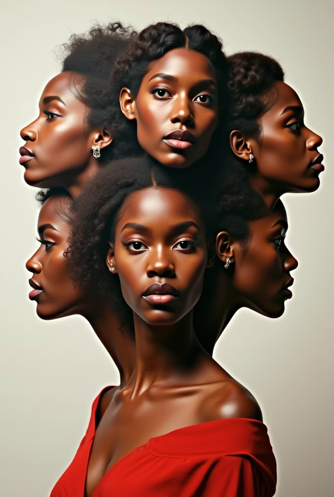 Expressionist artwork images of multiple floating heads of brown women, 3d collage style, make it weird and gallery worthy