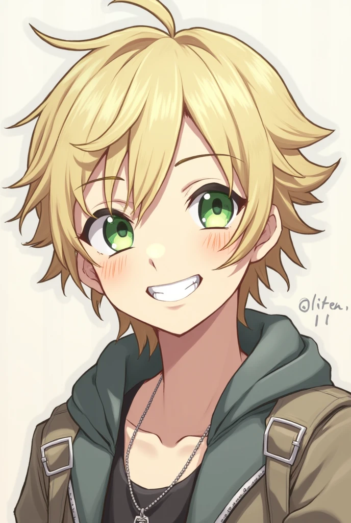 an anime boy with medium light blonde hair, a lock of her hair in a triangle shape with bangs with green eyes and a radiant smile and some scratches on her face, not tender, rougher, and his hair a little more flattened, His hair is almost white and his hair is more common, shaved on the sides