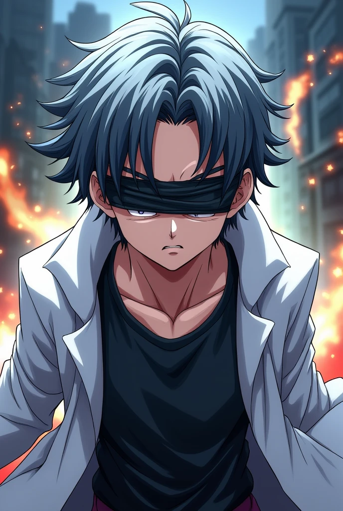 A boy with a black band in front of both eyes he has dark gray hair he wears a black t-shirt with a white coat underneath make him like a dragon ball anime an older character with the band covering his entire eye with the eye