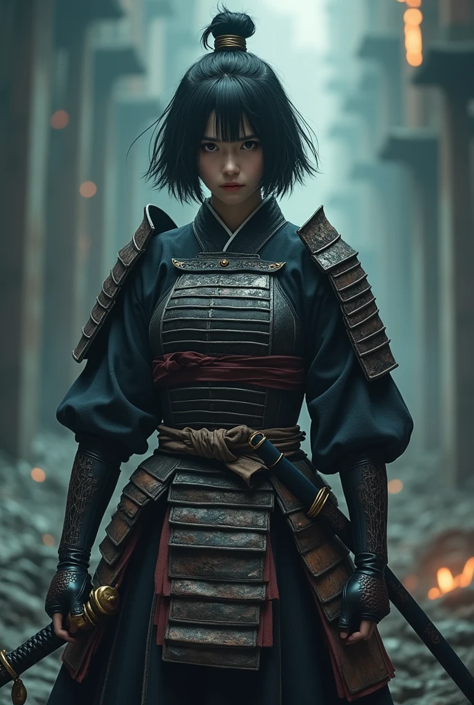 (8k, best quality, masterpiece:1.2), (photorealistic:1.4), RAW photo, best quality, ultra high res, best shadow, (full body:1.4), A short-haired female, japanese armor, Samurai Sword, massive scale stunning environment, horror, dark horror, highly detailed facial features, beautiful and flawless face, perfect eyes
