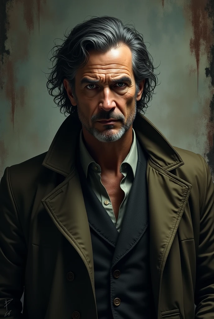 60 year old con man , blackquality hair , with overcoat, camouflage gradient background, with black charred edges
