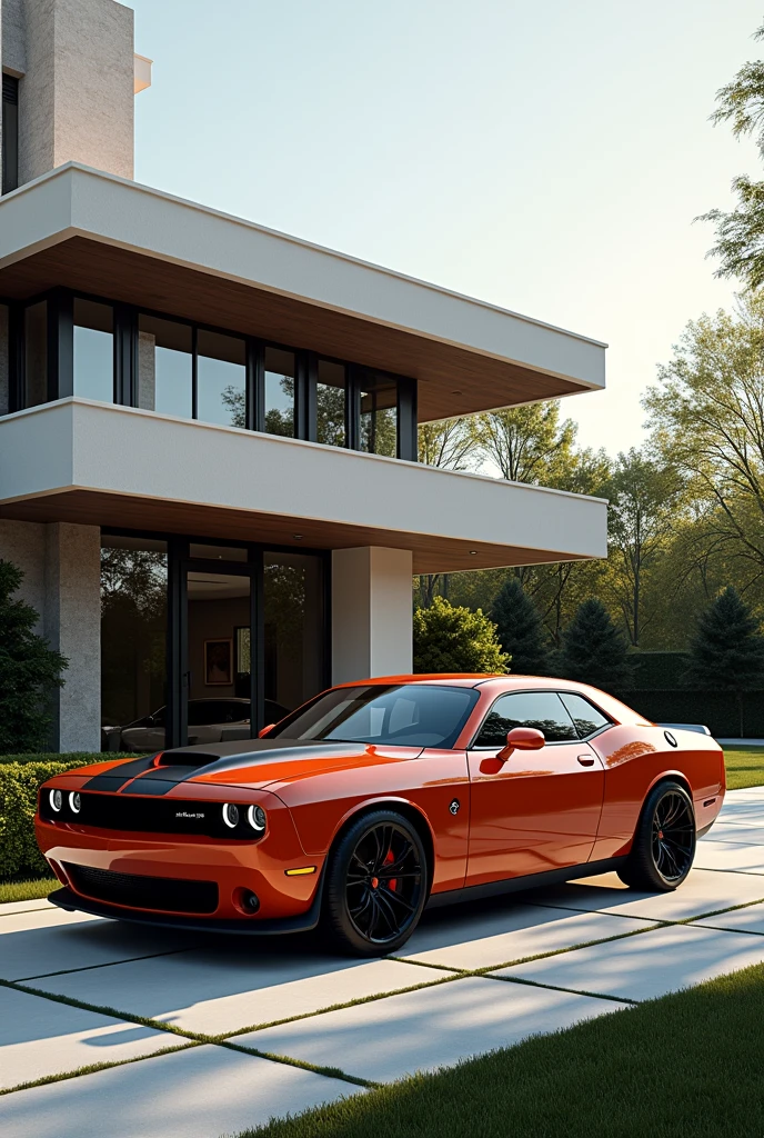 Dodge Challenger car in luxury house parking
