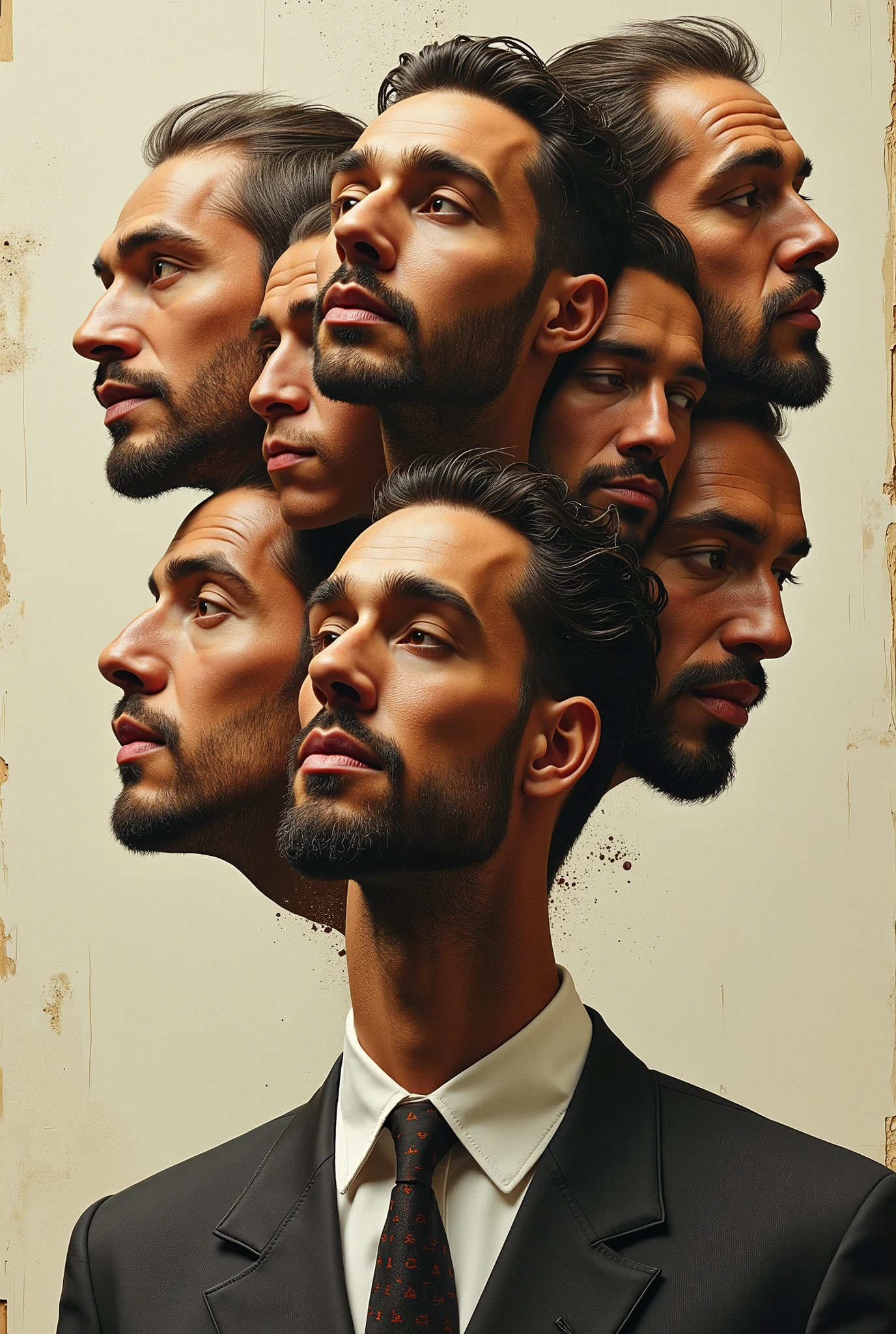 Expressionist artwork images of multiple floating heads of brown men, 3d collage style, make it weird and gallery worthy