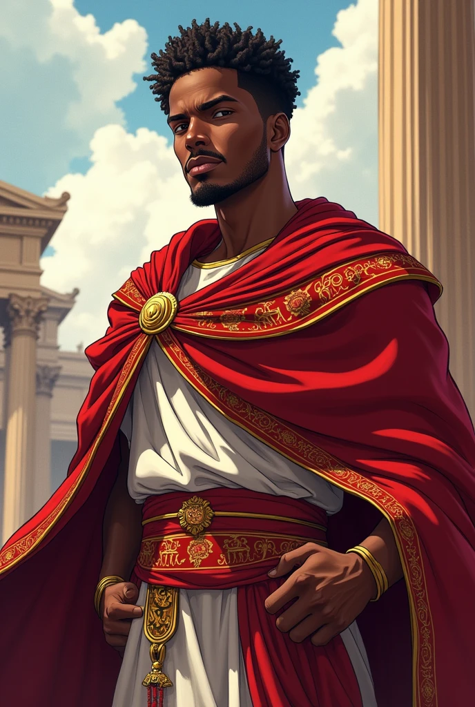 You know what, make me a concept art of lamine yamal (Spanish footballer)in anime style with clothes of a Roman senator from the imperial era. Black skin color and please look like Lamine Yamal. 
