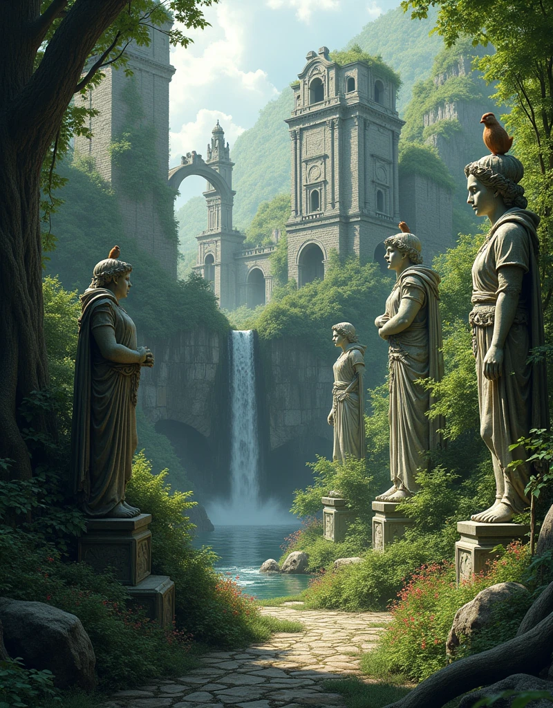 A ancient city reclaimed by the forest, crumbling stone walls and towers peeking through a sea of dense vegetation. Once splendid castle and temples, now just vine-covered rubble and moss-laden ruins poking above the treetops. Intricate stonework barely visible under thick creeping ivy and moss. Empty streets and alleys totally obscured by huge gnarled roots and flowering creepers. Crumbling statues of kings and queens stand weathered and worn, as squirrels and birds nest atop their heads. A gentle stream trickles through the cracked central plaza, waterfall cascading through where majestic palace once stood. Only bats reside here now, roosting in the damp catacombs beneath temples. Birdsong and rustling leaves have replaced hymns and human voices. The mighty walls that once protected now gradually decaying as the forest reclaims its land. This drowned city a relic of a lost people, slowly being enveloped forever in the embrace of the woodland realm.