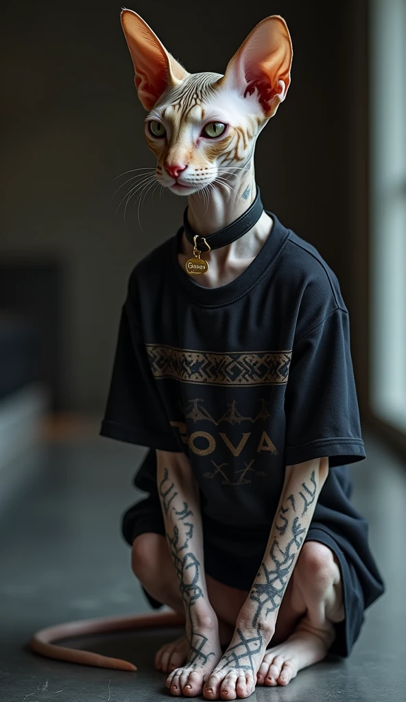 a full-shot photograph, An elegant and enigmatic sphinx cat with completely bare and wrinkled skin, adorned with intricate black tattoos that cover its body, including its paws and tail. He is wearing a short-sleeved shirt with geometric patterns in dark tones, which fits his figure perfectly. On his neck, he wears a black leather collar with a golden dog tag, displaying his name, "CHIRIBAYA," elegantly engraved. The background is a modern and minimalist environment to highlight the cat's distinctive style."