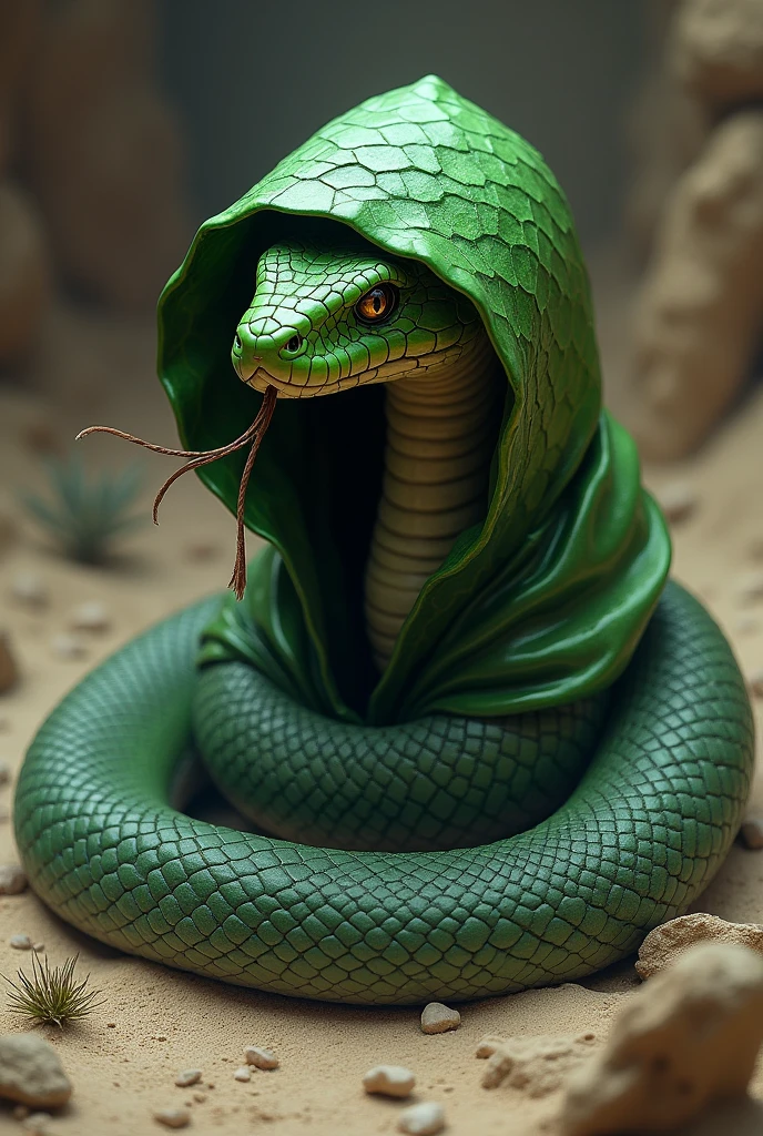   Rattlesnake wearing a green hood 


