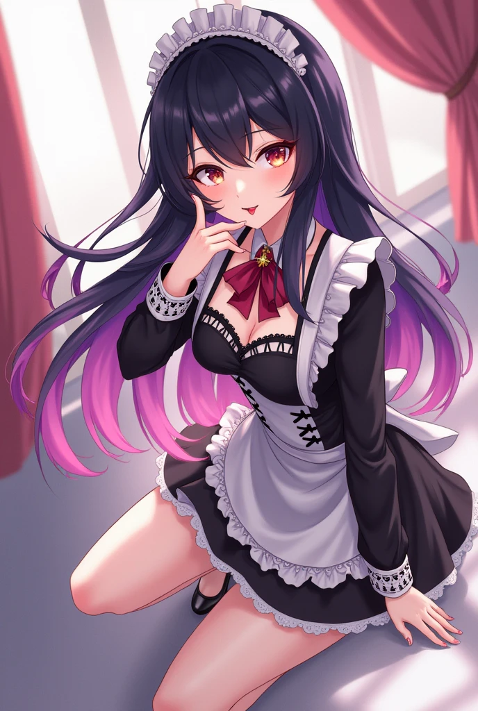 Drawing in the style of Genshin, Adult, Maid clothes, Her black hair has long pink tips,Black bangs, Perfect hands, Sticking out tongue,whole body、Head to toe shot、High heels