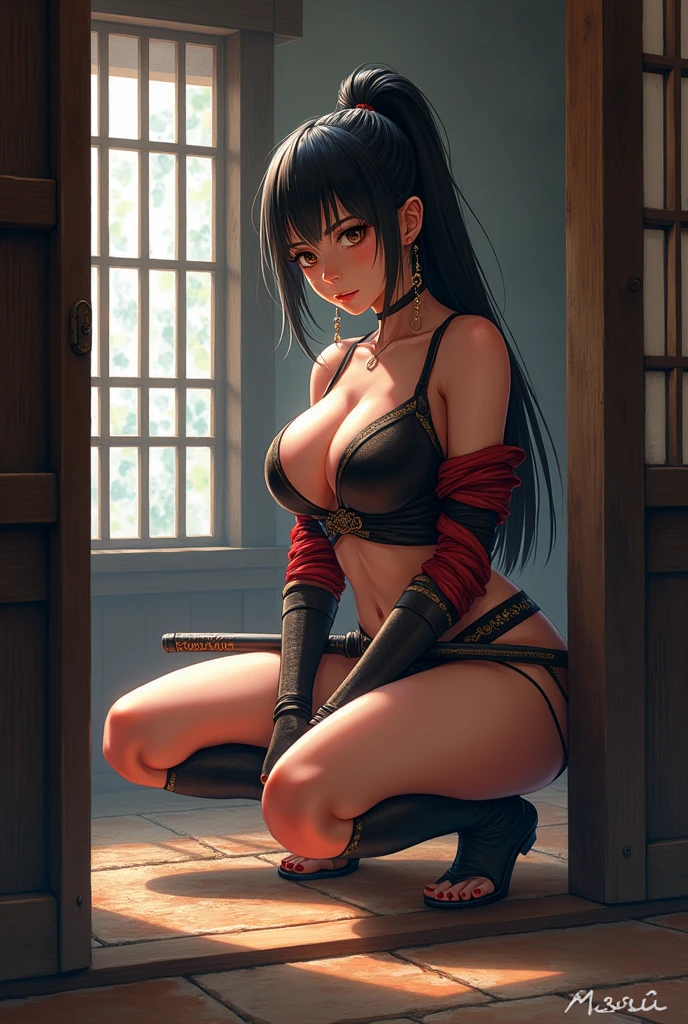 masterpiece, Highest quality,
one japanese girl, young, busty, cleavage, wearing ninja clothes, bare legs, bare arms, side boob, at inside japanese castle, japan, squatting, spread legs, side face, prepare a KATANA, hide a corner