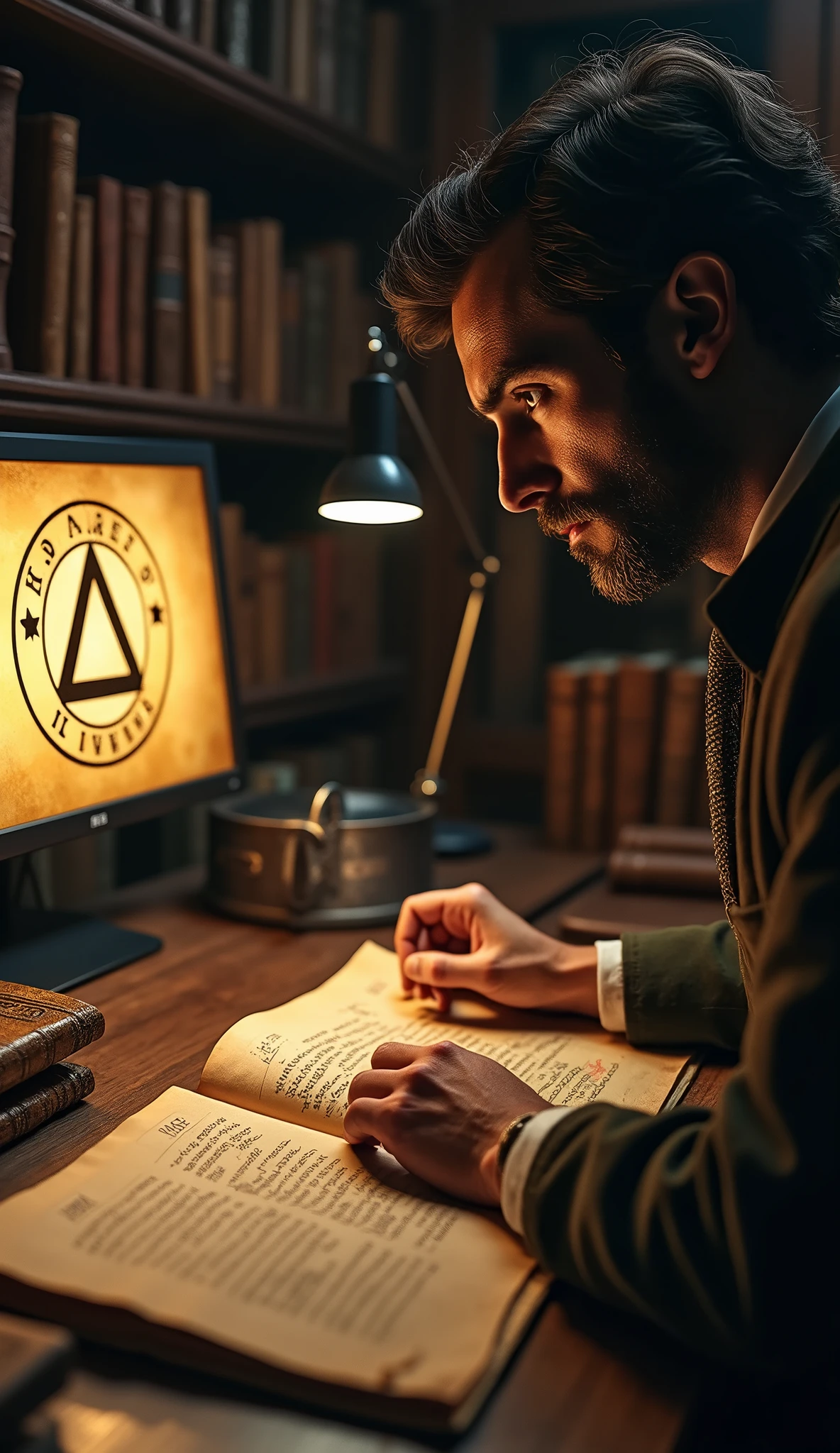 Close-up shot, Low angle shot, ( A modern-day scholar’s study, filled with books, old manuscripts, and a computer screen displaying the Illuminati symbol. The scholar, deep in thought, examines ancient texts under the soft glow of a desk lamp. The room is a blend of old and new, with historical artifacts next to modern technology. The scholar’s face is serious, reflecting the ongoing debate about the true nature of the Illuminati. The atmosphere is one of quiet contemplation, with the weight of history pressing down.)unreal engine, cinematic, hyper-real, highly detailed, Ultra realistic HD --q 2 --v 6.1 --ar 9:16  