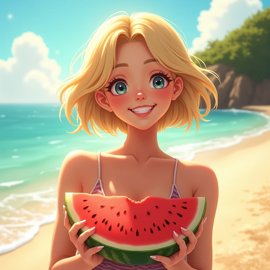 beautiful girl、1、Blonde short、Smiling while holding a watermelon、Sandy Beach、Summer sunshine