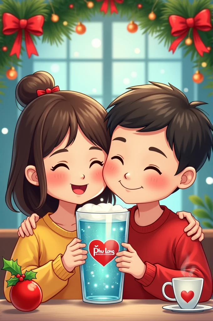 On the glass of water is the Phuc Long logo, has a cartoon image of a loving couple sitting and holding a glass of water with the Phuc Long logo drinking. Christmas theme cup background.