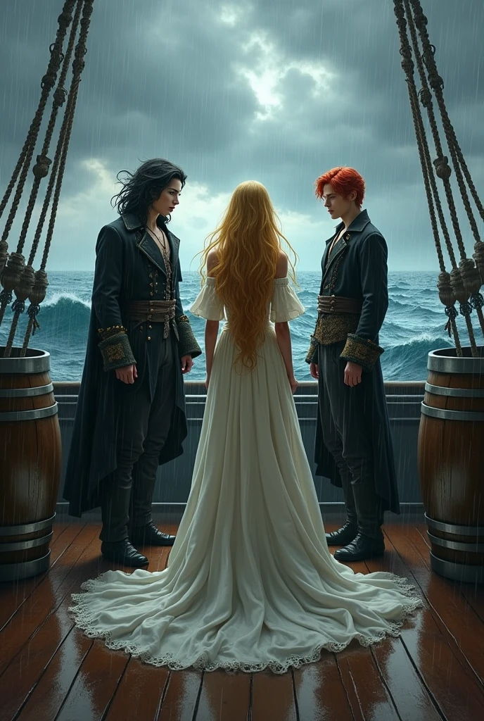 **Prompt:**
on the deck of a pirate ship, under a stormy sky, **Apocalypse** is not center, with her long golden hair flowing in the wind. She wears elegant clothes, but practices, that show their noble origin. She has her back to both of them, looking at the sea. To her right is **Cyrus Voss Grimhart**, with a cold and calculating expression, wearing dark, elegant clothes. Her black hair is slightly tousled by the wind, and his icy blue eyes are turned towards Apocalypse. To the left of Apocalypse, **Vance Shadowbane** watches her with a mixture of concern and admiration. He wears typical pirate clothes, her red hair also stirred by the wind. The deck is wet from the rain, with ropes and barrels around, while the rough sea reflects the tension between them. They are young and beautiful, don't forget that vance is redhead, cyrus tem a pale skin, The hair is short