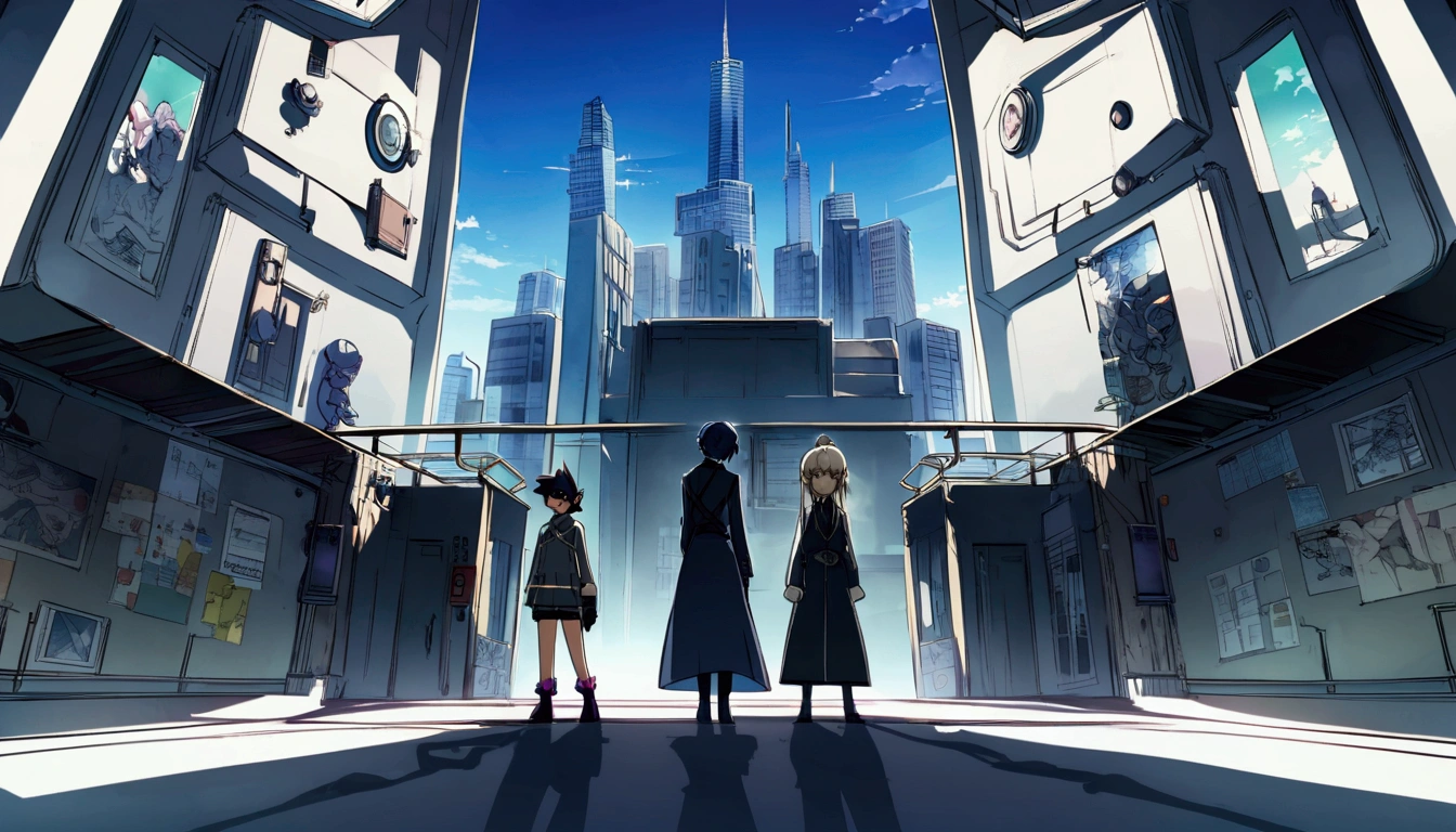 Akira, Kenji, and Yamamoto, standing together with mix of determination and uncertainty, entrance to Akira's lab with futuristic cityscape in background, anime neo-noir style like 'Death Note', dawning sunlight creating long shadows, soft morning hues transitioning to urban grays and blues