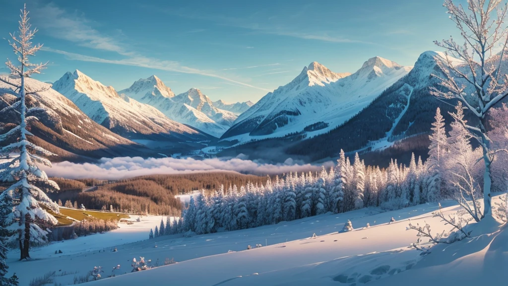 spring time, 1700, home, mountain, forest, snow on cliffs, early morning