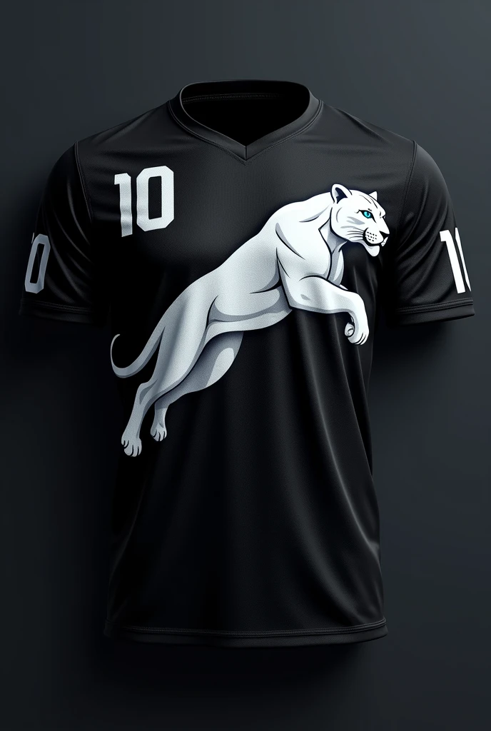 Create a design for a black team jersey with a white leopard with blue eyes on the horizontal side with the number 10 on the sleeves