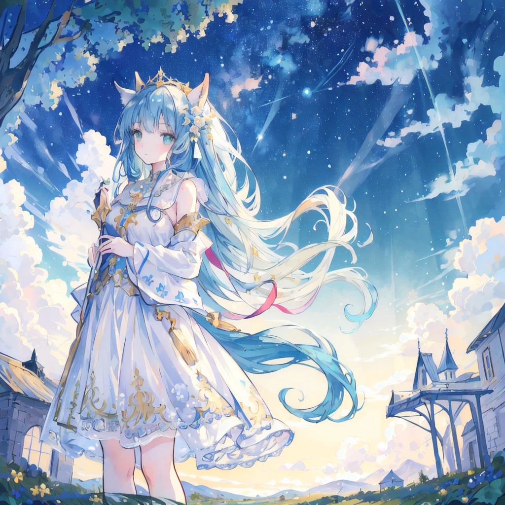 ((masterpiece, best quality)),(illustration),(detailedLight),((Extremely exquisite and beautiful)),1 Girl,Godolphin Arabian Horse,long hair,blue hair,Green Eyes,Horse Ears,Horse girl,hair_Decorations,White Dress, Bare shoulders, ,sleeveless,evening dress,Long skirt,outdoor, Light,Blue sky, horizon, grassland, wilderness