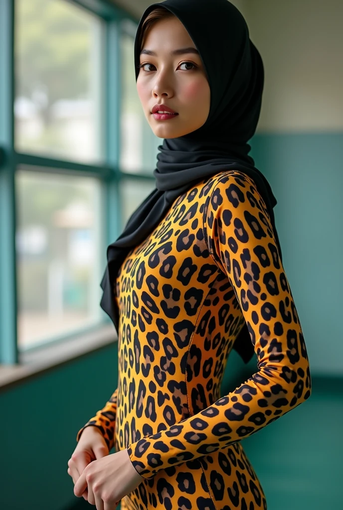 The most beautiful,most slender thin and most clever asian muslimah adult feamle person with beautiful cheeks wears leopard print lycra turtleneck unitard catsuit covered with spots and always wearing leopard print lycra elastane stretchy dancewear hijab covered with spots.She teaches students to play badminton at school.