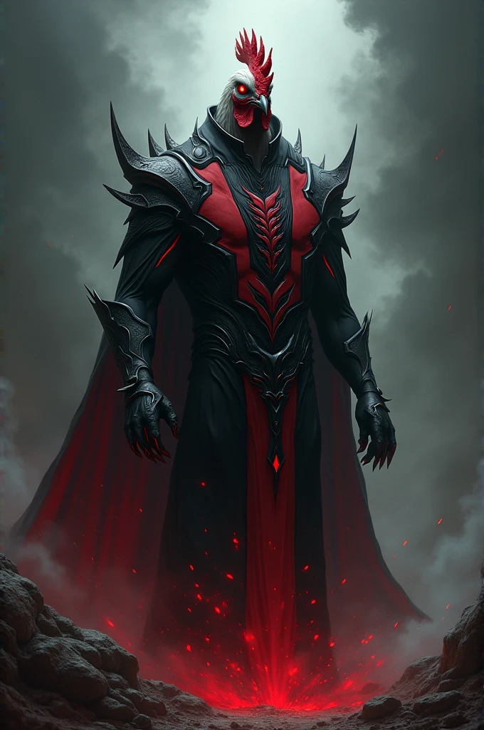 Draw a God of destruction in a black and red suit with an evil chicken head
