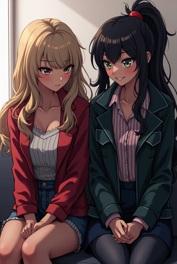 A female UA student from Boku no hero academia with long wavy hair with curls and brown eyes and dark skin sitting next to Himiko toga san