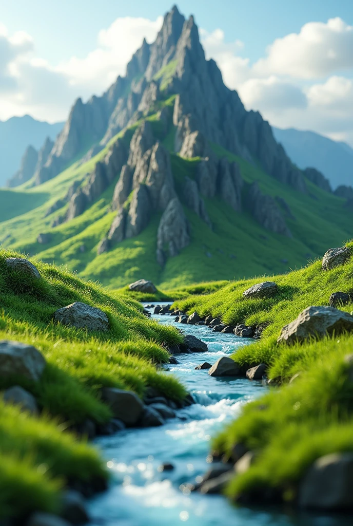 A mountain with small grass on 3.6×2.6 feet size table has small river falling from top of the mountain at  left ,right and front side
