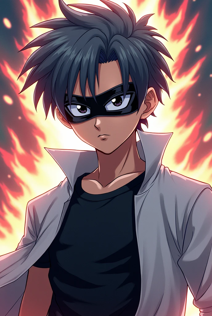 A boy with a black band in front of both eyes he has dark gray hair he wears a black t-shirt with a white coat underneath make him like a dragon ball anime an older character with the band covering his entire eye with the eye