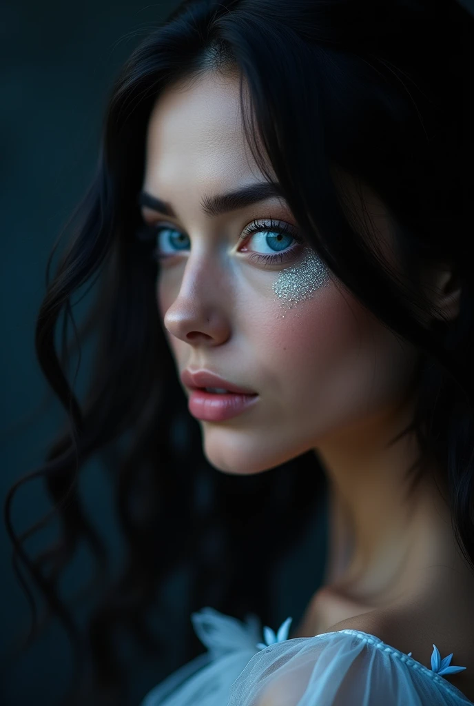 HD Photography, just the face of a beautiful woman like Aphrodite, with black hair and sapphire blue eyes as clear as the sky, HIGHLIGHT SAPPHIRE BLUE EYES, with light blue glitter on the face, Profile, looking ahead, that only his face is seen, dark background, glow daylight 