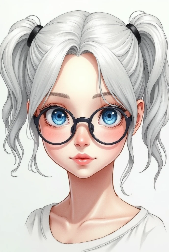 Woman with white hair and pigtails and glasses and bright blue eyes face photo drawing