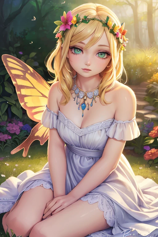 1girl, portrait, garden, flowers, butterflies, hummingbirds, bees, sitting on grass, flower crown, blonde hair, green eyes, fair skin, fairy wings, white dress, barefoot, (best quality,4k,8k,highres,masterpiece:1.2),ultra-detailed,(realistic,photorealistic,photo-realistic:1.37),surreal,hyper detailed,fantasy,vibrant colors,dramatic lighting,volumetric lighting,beautiful detailed eyes,beautiful detailed lips,extremely detailed eyes and face,longeyelashes,mystical,ethereal