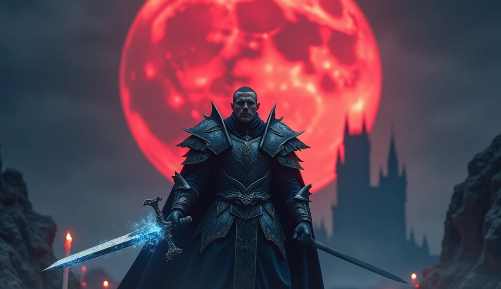 8k、 big red moon ,Equipped with dark knight armor and sword ,zoom up(number々の賞を受賞したmasterpiece、Incredible detail、Texture、Maximum details),blue flame candle, (summoning magic),(The moonlight at night is beautiful), (Demon King's Castle),(dark organization)arafed image of a group of people in a church with candles,lit candle, dark cinematic concept art, elegant cinematic fantasy art, photorealistic dark concept art, by Beeple, dark robes, wojtek fus, gothic epic library concept, gothic epic library, epic cinematic concept art, dark concept art, Beeple and mike winkelmann, symmetrical epic fantasy art, High resolution, masterpiece, Highest quality, Intricate details, Very detailed, Clear focus, practical skin texture, texture, Shot with Canon, 85mm, Shallow and deep, Kodak Vision Color, Exactly, Very detailed, photograph_\(Extremist\), photographpractical, practical, Post-processing, Maximum details, Roughness, Real Life, Extremist practical, Photorealism, photographgraphy, 8K Ultra HD, photographgraphy