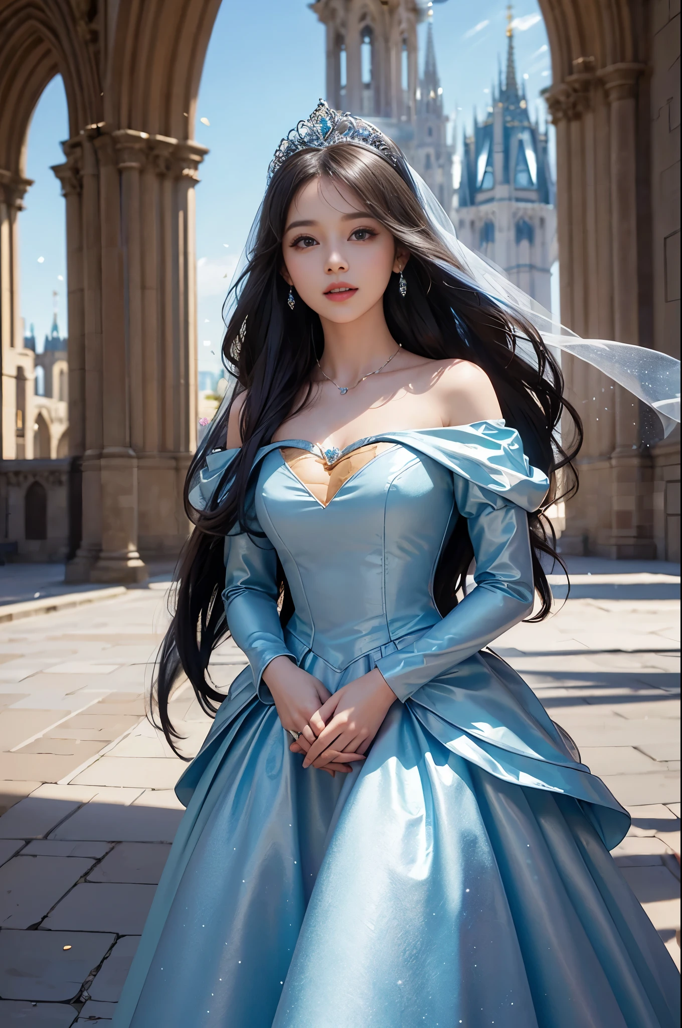 A woman in a blue dress standing in front of a castle - SeaArt AI