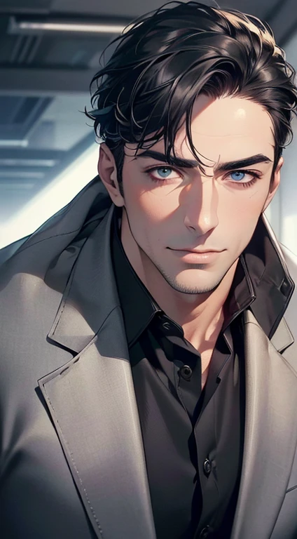 (best quality,4k,8k,highres,masterpiece:1.2),ultra-detailed,(realistic,photorealistic,photo-realistic:1.37),1 man,3,mature man,very handsome,without expression,smile,short grey black hair,blue eyes,penetrating gaze,perfect face without errors,imposing posture,businessman,office background,cinematic lighting,hdr image