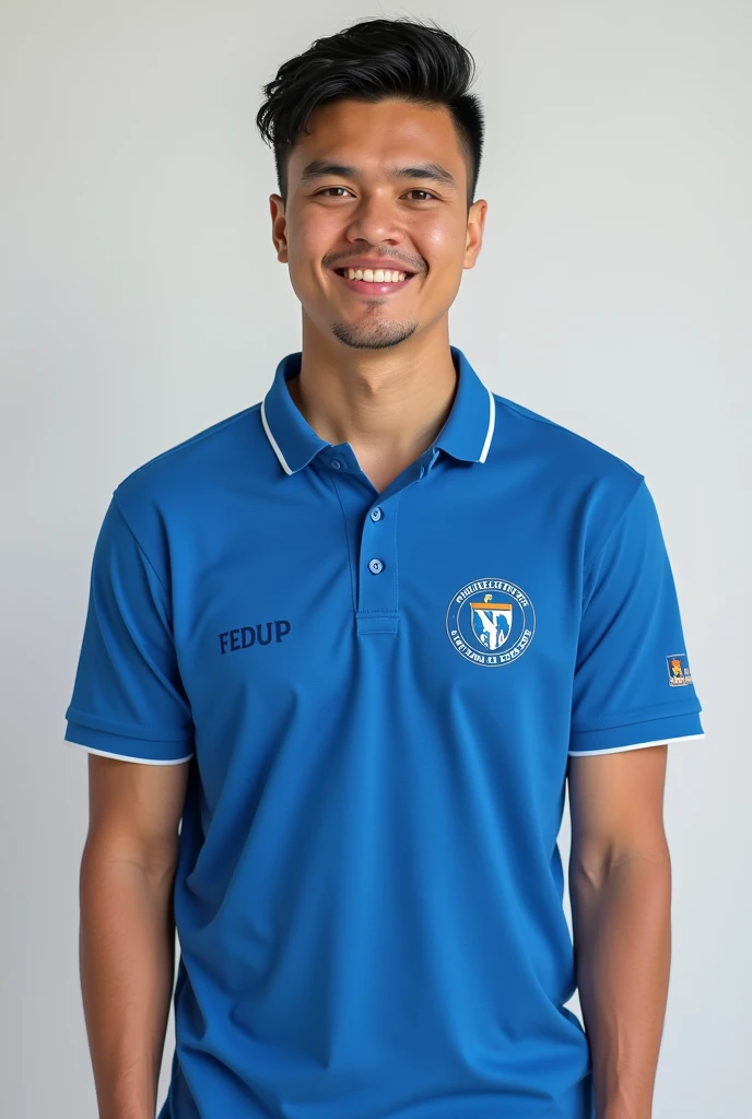 Let the polo be blue and white, that has the logo of the National University of Lima South (Untels) on the left chest side, The word "fedup" on the right chest and my name on the sword "Xavier Zegarra"