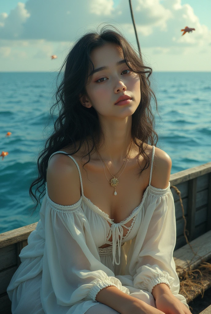 1girl,Jesus Christ,,,fishing boat,fishing rod,fishing,ocean,sea,waves,fish,beautiful detailed eyes,beautiful detailed lips,extremely detailed eyes and face,long eyelashes,peaceful expression,serene expression,idyllic,colorful,vibrant colors,cinematic lighting,digital painting,highly detailed,cinematic composition,masterpiece,photorealistic,8k,hyper detailed