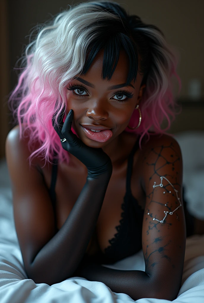 the character is a young adult black African woman, bright and magical eyes, dangerous features. long curly bangs with extremely long curly white, neon pink and black hair. white constellations skin body tattoo, muscular body, glossy lips. seductive look, mischievous smile with tongue out. dynamic light and shadow. in a bedroom. lying on a bed. wearing sexy black lace underwear, pantyhose, gloves. lying on a bed
