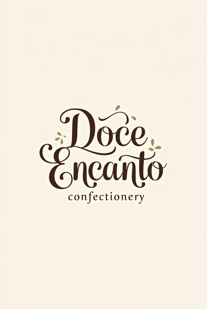 Delicate round logo with the name Doce encanto in capital letters and the name confectionery in lowercase