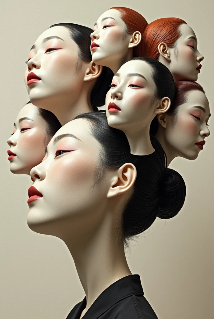 Expressionist artwork images of multiple floating ceramic heads of japanese women, 3d collage style, make it weird and gallery worthy