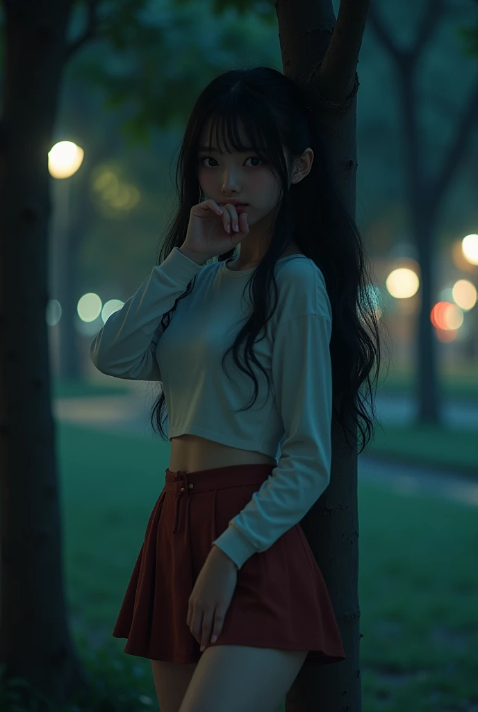 (8k, RAW Photos, 最high quality, masterpiece:1.2), High quality RAW color photos, Professional photo shoot, Cinematic Light, night、Late night、alone, (((young woman, gal))), (Sharp features), (Small face), (Skin with attention to detail:1.2), clavicle, Cute face, Beautiful appearance, Long eyelashes,Girl Turning Around,, (Black Hair, Long straight line), high school student, cardigan, High School Uniform、, White shirt, mini skirt, night Park, Birds chirping, Embarrassing, sad, Artistic painting,Attractive thighs, loafers:1.2, (Very fine touch:1.2), (Watery eye), Sad atmosphere, Oil painting style, Dark colors, (Are standing:1.5, lean on a tree, Full body portrait), Smooth texture, Gazing Eyes, Beautiful Skin, Shiny skin, ((Perfect Fingers, Five Fingers, Anatomically correct)), Background Blur, high quality, surreal, ((Very detailed, photo shoot)),(Cover your face with your right hand、Left hand grabs skirt),,(((Skirt flip、Sexy panties)))、blush、Embarrassing、They hesitate、Look down、avert your eyes、Full Body Shot、((Hide your face))、Embarrassed、Thick legs、、glamorous、Skirt Lift、Have a skirt