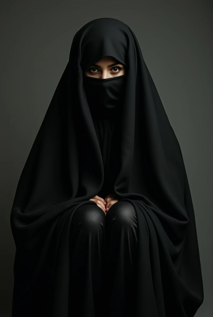Arab woman wearing black abaya with legs sticking out and raised up