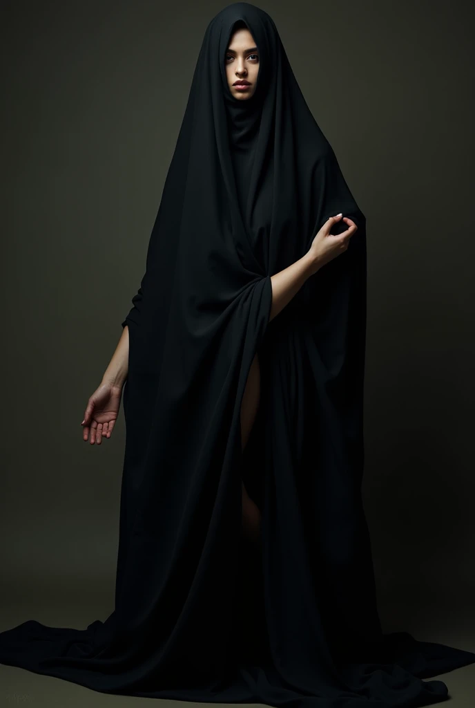 Arab woman wearing black abaya with legs sticking out and raised up