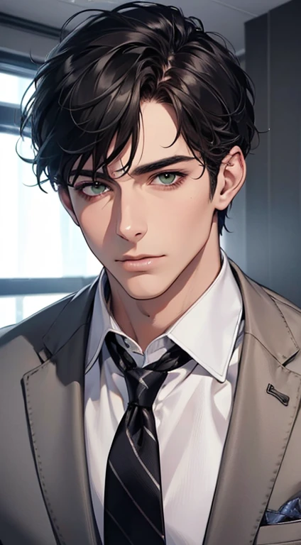 (Highest quality,4K,8K,High resolution,masterpiece:1.2),Super detailed,(Realistic,photoRealistic,photo-Realistic:1.37),1 personld,Mature Men,Beautiful skin、very handsome,Expressionless,Short gray Black hair,green eyes,Sharp Eyes,A perfect face without a doubt,Businessman, CEO, Office Background,Cinema Lighting,HDR image,tie、