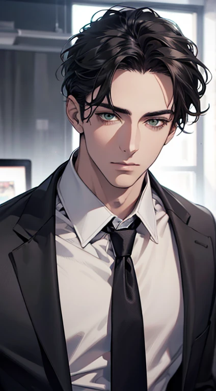 (Highest quality,4K,8K,High resolution,masterpiece:1.2),Super detailed,(Realistic,photoRealistic,photo-Realistic:1.37),1 personld,Mature Men,Beautiful skin、very handsome,Expressionless,Short gray Black hair,green eyes,Sharp Eyes,A perfect face without a doubt,Businessman, CEO, Office Background,Cinema Lighting,HDR image,tie、