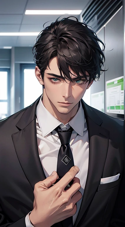 (Highest quality,4K,8K,High resolution,masterpiece:1.2),Super detailed,(Realistic,photoRealistic,photo-Realistic:1.37),1 personld,Mature Men,Beautiful skin、very handsome,Expressionless,Short gray Black hair,green eyes,Sharp Eyes,A perfect face without a doubt,Businessman, CEO, Office Background,Cinema Lighting,HDR image,tie、