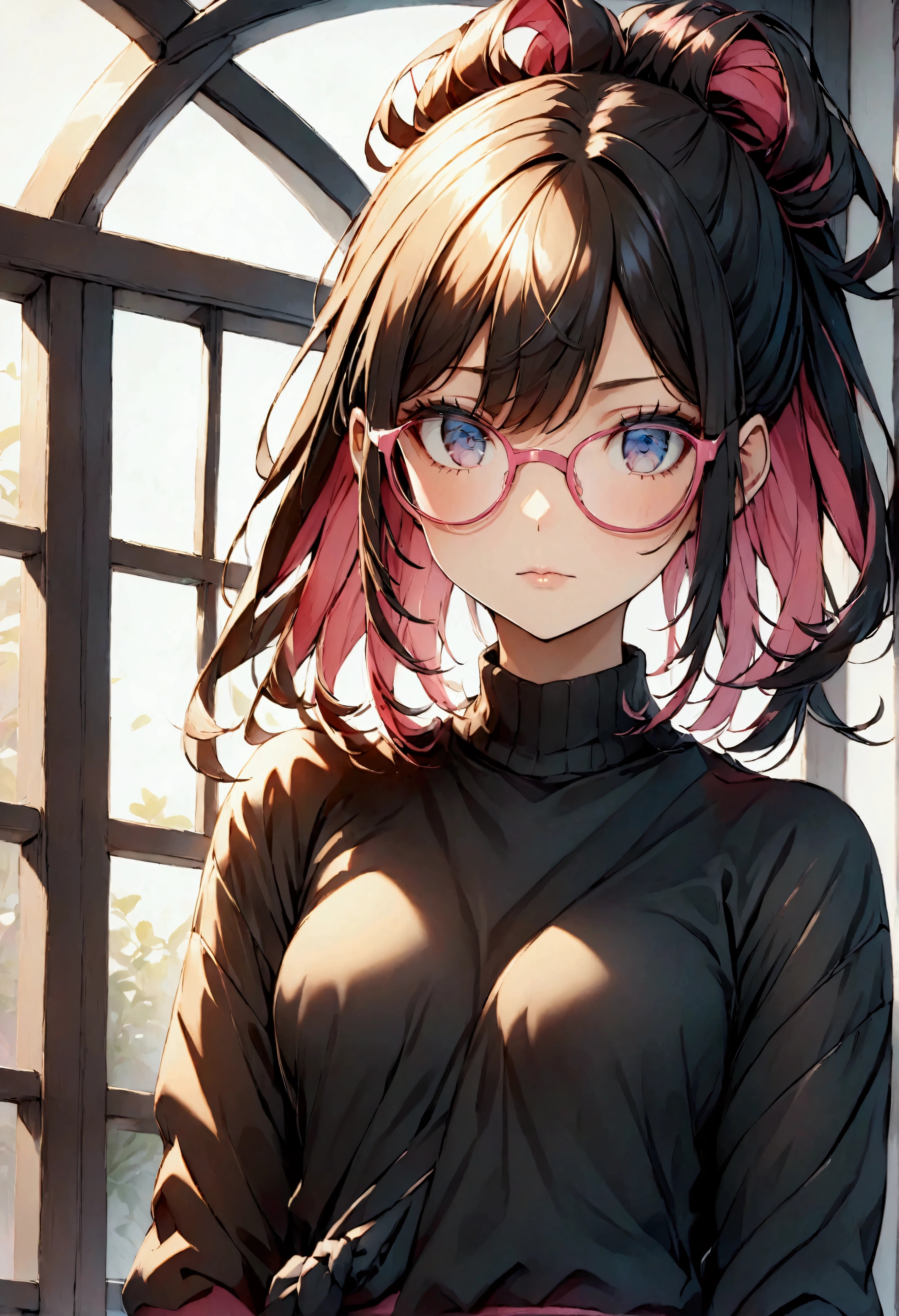 Young girl with pink rectangular and thin glasses, medium-long, tied-up hair, with black sweater
