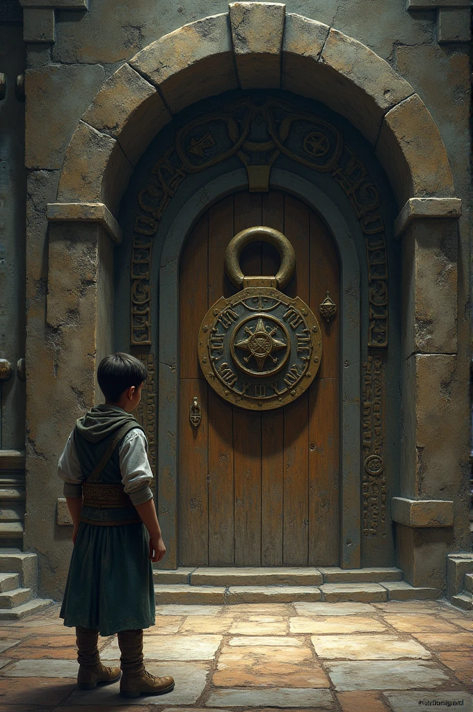 Aryan discovers a door on the upper floor with a large, ancient lock. The door is covered in symbols and looks like it hasn't been opened in centuries. There is an aura of mystery and magic around it.