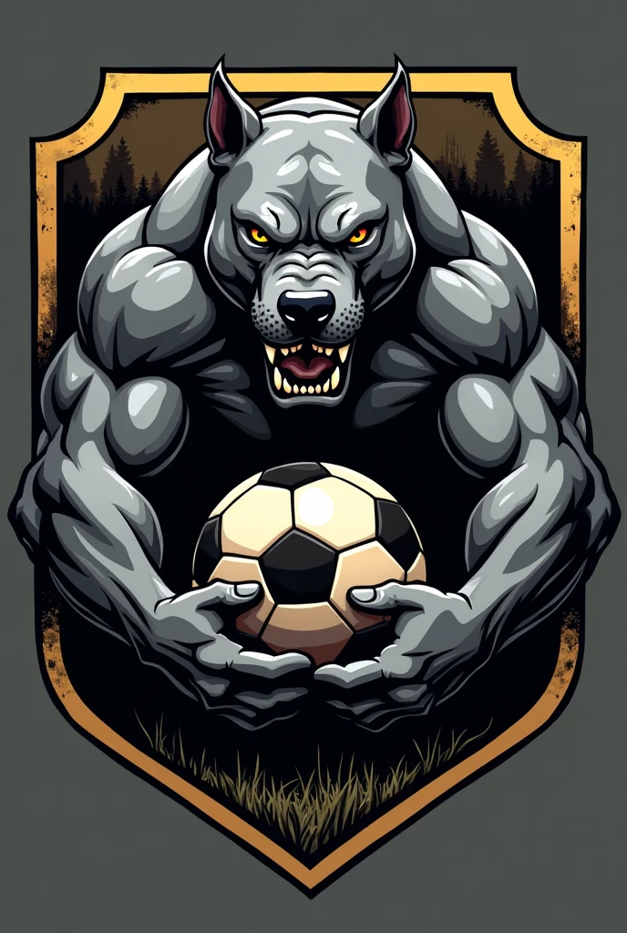 Create a gray pitbull logo'S, angry, aSSuStador, moStrando oS denteS, com braçoS forteS e muSculoSoS, Segurando uma bola de futebol de campo, face for a football team. Faça dele um eScudo QUADRADO COM EFEITOS DOURADO E PRETO . Put a small font that says: ENVIRONMENTS and below 2002. With football field background, black darkness. TranSforme-o em pgn