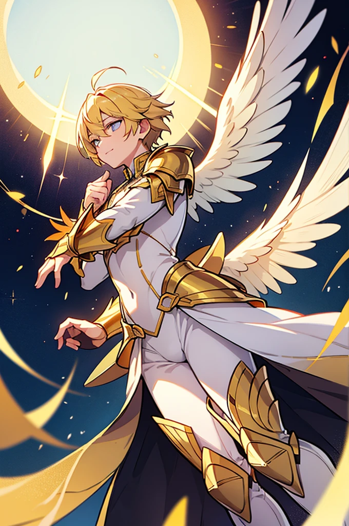 Male angel equipped with golden armor and golden wings with divine effects behind him