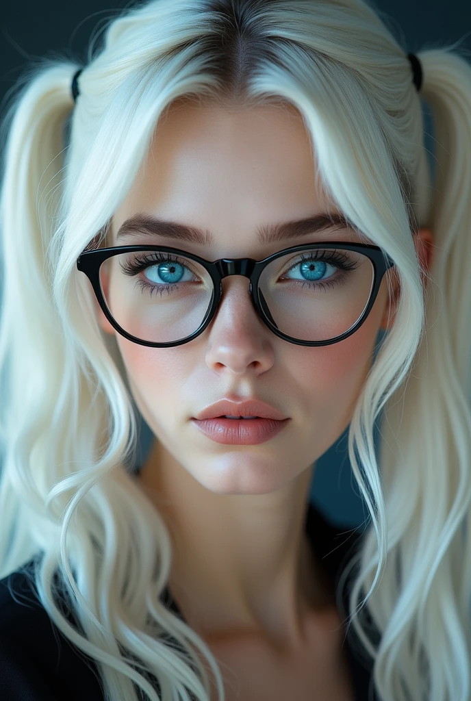 Woman with white hair and pigtails and glasses and bright blue eyes 4k face photo

